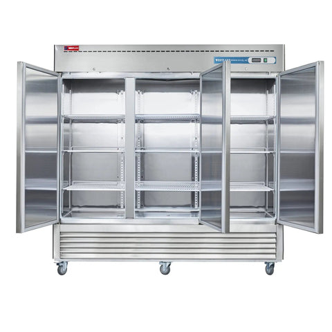 Hella Spacious 72 Cubic Foot Three Door Commercial Reach In Upright Refrigerator With Solid Doors and Heavy Duty Racks, interior view with racks.
