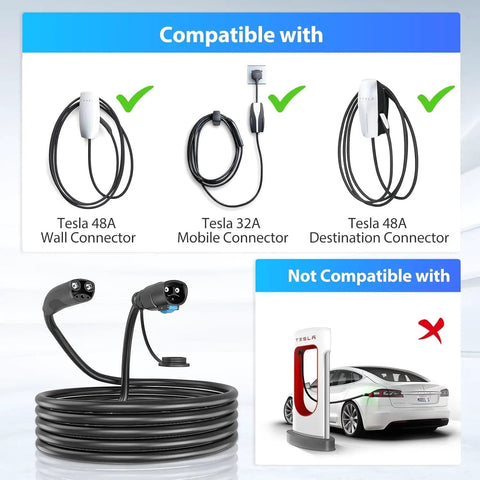 Heavy Duty 21 Foot NACS EV Extension Cord Supports Up To 50A At 240V shown with compatible Tesla connectors.