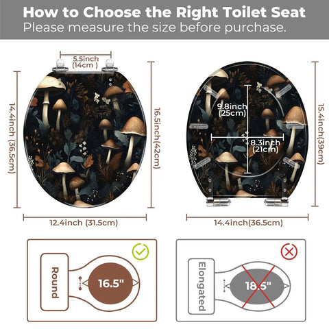 Vintage Resin Toilet Seat for Bathroom with mushroom design, showing size measurement for round and elongated styles.