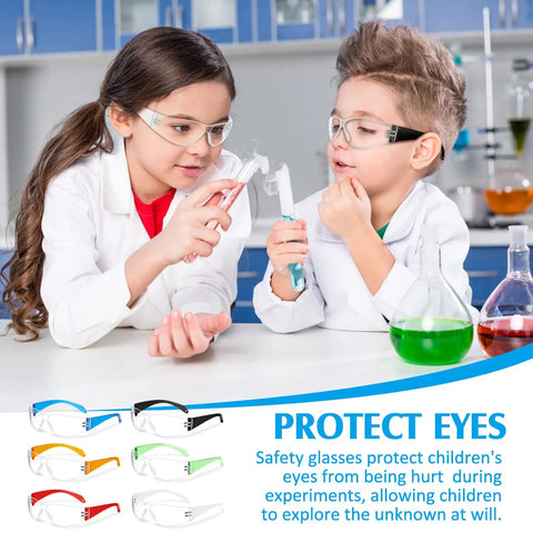 Children wearing safety goggles in lab, showcasing 12 Pcs Kids Safety Goggles Bulk Eye Protection For Science Class Lab And Sports Youth Size Multicolor Scratch Resistant Polycarbonate Lenses With Durable Frames Kid Safe Ready For Any Activity.