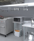 Real Deal Heavy Duty Stainless Steel Work Table With Spacious Open Base Clearance NSF Approved Utility Bench Garage And Laundry 24 Inch By 14 Inch Built Different For Serious Home Projects in a modern kitchen setting.