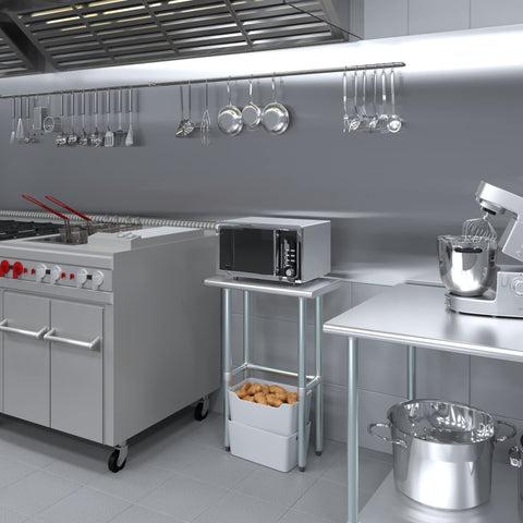 Real Deal Heavy Duty Stainless Steel Work Table With Spacious Open Base Clearance NSF Approved Utility Bench Garage And Laundry 24 Inch By 14 Inch Built Different For Serious Home Projects in a modern kitchen setting.