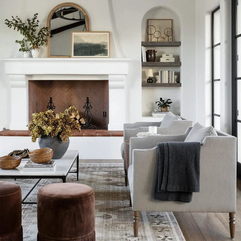 Living room with fireplace, gray sofas, and Floating Wall Shelves Set Of 2 For Bathroom Over Toilet, 15.7 Inch Wide By 6.7 Inch Deep, Dope Farmhouse Gray MDF Shelves With Steel Brackets, Holds Up To 25 Lbs, Great For Toiletries Towels Books And Decor.
