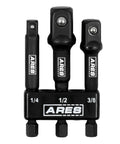 Impact Grade Socket Adapter Set Turns Your Impact Drill Driver Into A High Speed Socket Driver With Three Inch Long Adapters In Quarter Inch Three Eighth Inch And Half Inch Drive For Versatile Reach And Quick Socketing displaying three ARES adapters.