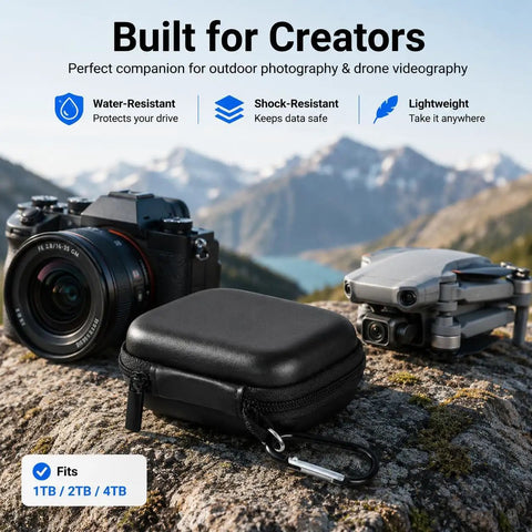Carrying Case For Crucial X10 X9 Pro Portable SSD Box Only Travel Hard Storage Bag on rock with camera and drone mountain background