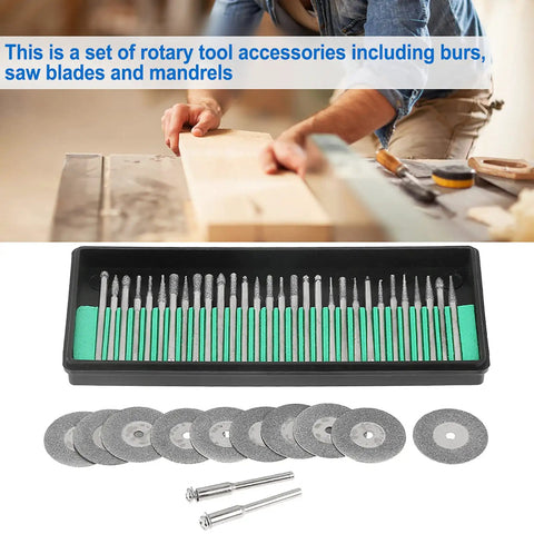 Versatile Burs Saw Blades Cutting Discs Tool Accessories Set Pro Grade Engraving Grinding Polishing Metal Wood Crafts 30 Burs 10 Blades 2 Mandrels Durable Complete Kit, rotary tool accessories