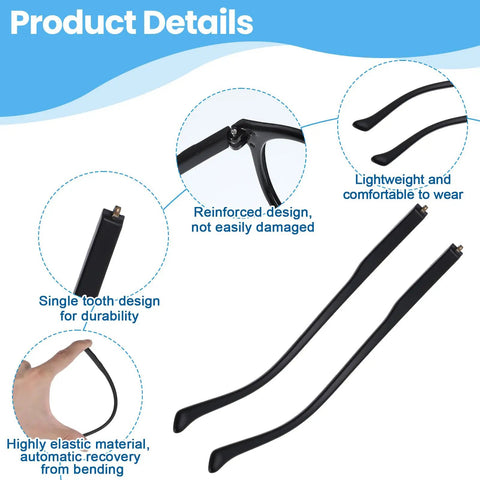 Close-up of Black Eyeglasses Repair Kit With Straight Up Solid Temple Arms, showing reinforced design and lightweight arms.