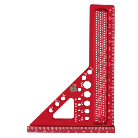 3D Multi Angle Aluminum Carpenter Ruler Protractor for woodworking scribing, red with preset angles 22.5° to 75° and hole guides
