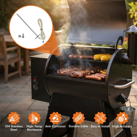 Temperature Probe Sensor Replacement For Digital Thermostat Probe, 304 Stainless Steel Grill Thermometer Compatible With Most Pellet Grills, Real Time Temperature Readout, Easy Install And Reliable Performance, 7 in probe on pellet grill
