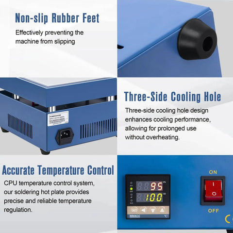 Close-up of Hot Plate Soldering Station 110V 850W Preheat Soldering Rework Heater, showcasing cooling holes and control panel.