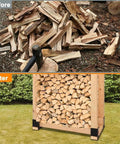 Before and after using Eight Pack Firewood Storage Rack for indoor outdoor use with heavy duty powder coated steel log holder.