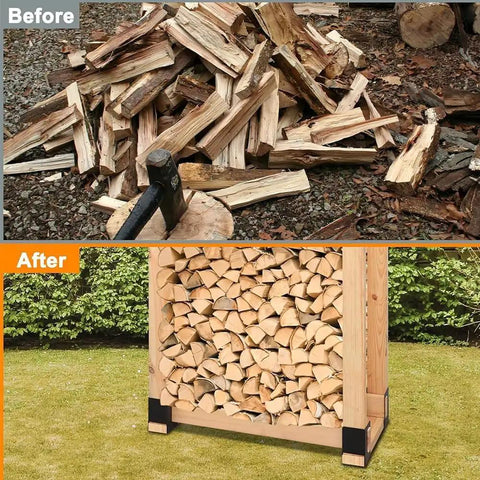 Before and after using Eight Pack Firewood Storage Rack for indoor outdoor use with heavy duty powder coated steel log holder.