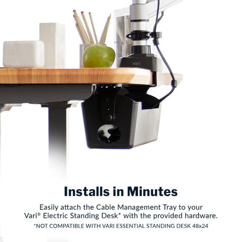 Under Desk Cable Management Tray For Sit Stand Desks installed under a desk, organizing cords, compatible with electric standing desks