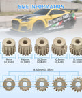 Dope Aluminum 7075 M0.6 Pinion Gear Set 13T 14T 15T 16T 17T For 1/10 RC Cars with size measurements and gears displayed