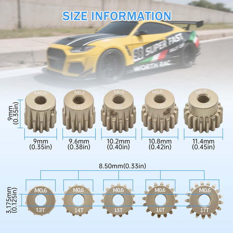 Dope Aluminum 7075 M0.6 Pinion Gear Set 13T 14T 15T 16T 17T For 1/10 RC Cars with size measurements and gears displayed