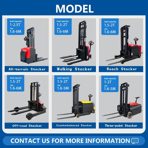 Various stacker truck models including Walk Behind Powerhouse Electric Stacker Truck With Heavy Duty Hydraulic Lift for warehouse use.