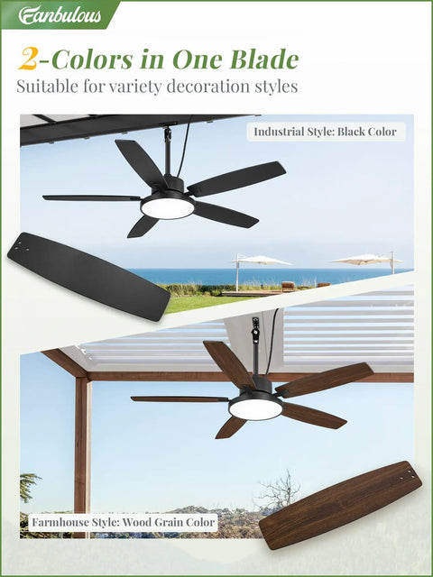 52 Inch Outdoor Ceiling Fan With Light And Remote IP65 Wet Rated Waterproof 6 Speed DC Motor Plug In Ready, industrial black and wood grain styles on porch and gazebo.