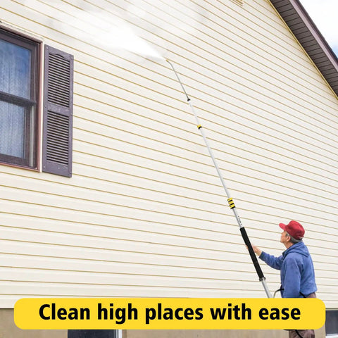 Man using Telescoping Pressure Washer Wand With 24 Ft Reach No Ladder Needed Extension Wand on house siding