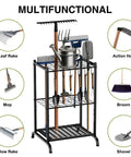 Garden Tool Organizer With 35 Slots And 6 Movable Hooks Heavy Duty Metal Tool Tower Rack For Garage Storage And Yard Tools Keeps Long Handled Tools Neatly Upright Black showing various garden tools organized in slots and hooks.