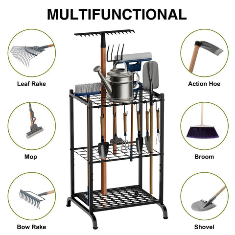 Garden Tool Organizer With 35 Slots And 6 Movable Hooks Heavy Duty Metal Tool Tower Rack For Garage Storage And Yard Tools Keeps Long Handled Tools Neatly Upright Black showing various garden tools organized in slots and hooks.
