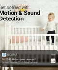 Baby in crib with motion detection alert on phone screen, using CapsuleCam Pro Baby Monitor 4 Pack 1080p HD WiFi Indoor Security Cameras.