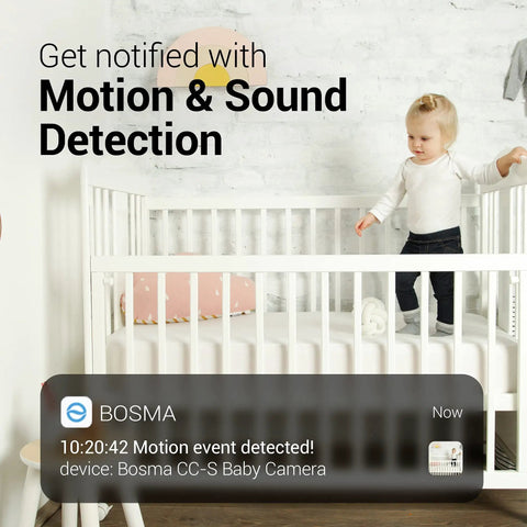Baby in crib with motion detection alert on phone screen, using CapsuleCam Pro Baby Monitor 4 Pack 1080p HD WiFi Indoor Security Cameras.