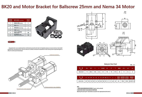 BK20 and Motor Bracket for Ballscrew 25mm and Nema 34 Motor, precision CNC component, detailed diagram and parts list.