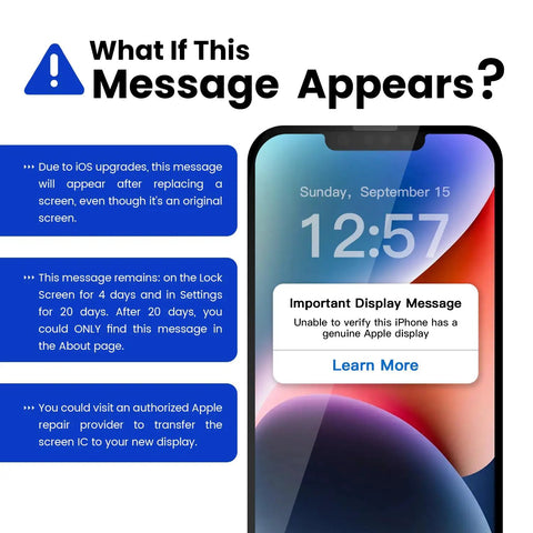 iPhone screen showing error message after replacing display, with instructions and information about iOS upgrade effects.