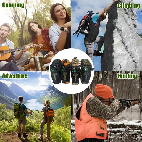 Four Pack Multi Color Paracord Survival Bracelets Five In One Kit for hiking, camping, climbing, and hunting usage scenarios