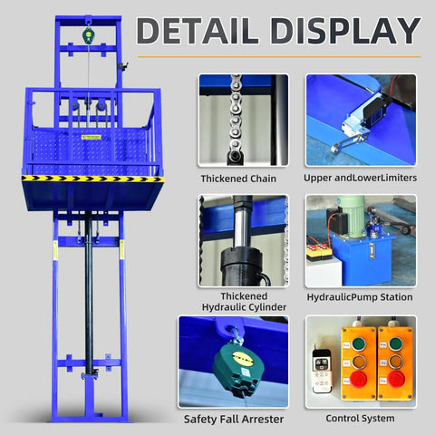 Heavy Duty 2200 Lbs Electric Hydraulic Lift Platform with wall mount freight elevator displaying components and features