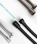 100 Inch Kink Free Stainless Steel Shower Hose With Brass Insert And Nut, Matte Black Electroplated Finish, Anti Winding Design, Easy Clean, Handheld Shower Attachment For Pet Bathing And Cleaning displayed with other hoses.