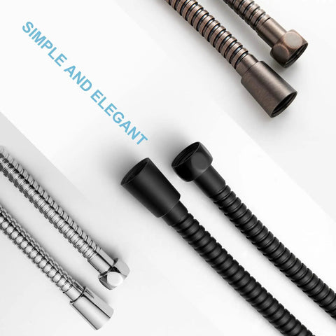 100 Inch Kink Free Stainless Steel Shower Hose With Brass Insert And Nut, Matte Black Electroplated Finish, Anti Winding Design, Easy Clean, Handheld Shower Attachment For Pet Bathing And Cleaning displayed with other hoses.
