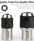 Ratcheting Tap Socket Set Two Pack With Adjustable Jaws For Tight Spaces Three Eighths Inch Drive Tap Holder Compatible With Taps Reamers And Screw Extractors Cr Mo Steel For Engine Repair And DIY Projects, product front view showing two sockets with text details, square shank compatibility.