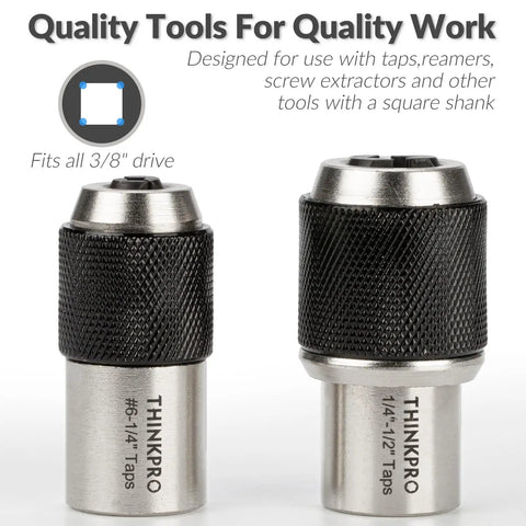 Ratcheting Tap Socket Set Two Pack With Adjustable Jaws For Tight Spaces Three Eighths Inch Drive Tap Holder Compatible With Taps Reamers And Screw Extractors Cr Mo Steel For Engine Repair And DIY Projects, product front view showing two sockets with text details, square shank compatibility.