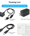 Plug And Play Dual Port USB A And Type C SATA HDD SSD To USB Adapter With 30W Power, UASP 5Gbps High Speed Transfer For Fast Data Recovery, Works With PC Laptop And Mac, Supports 2.5 And 3.5 Inch Drives, 1.6 Foot Cable. Packing list with adapter, 30W charger, cable, manual