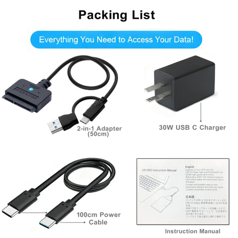 Plug And Play Dual Port USB A And Type C SATA HDD SSD To USB Adapter With 30W Power, UASP 5Gbps High Speed Transfer For Fast Data Recovery, Works With PC Laptop And Mac, Supports 2.5 And 3.5 Inch Drives, 1.6 Foot Cable. Packing list with adapter, 30W charger, cable, manual