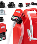 Heavy Duty Battery Powered Fuel Transfer Pump with five nozzles and accessories for easy fuel transfer and handling.