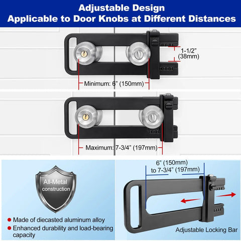 French Door Security Barricade Lock For Double Doors With Keyed Lock, All Metal U Shaped Bar, shown in adjustable positions