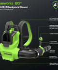 Heavy Duty 80V Cordless Backpack Leaf Blower Featuring 750 Cfm Brushless Motor Paired With A 4 Point Zero Ah Battery And Charger, adjustable straps, variable speed trigger.