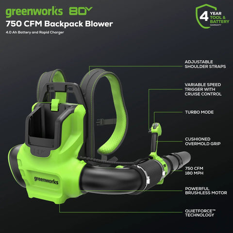 Heavy Duty 80V Cordless Backpack Leaf Blower Featuring 750 Cfm Brushless Motor Paired With A 4 Point Zero Ah Battery And Charger, adjustable straps, variable speed trigger.