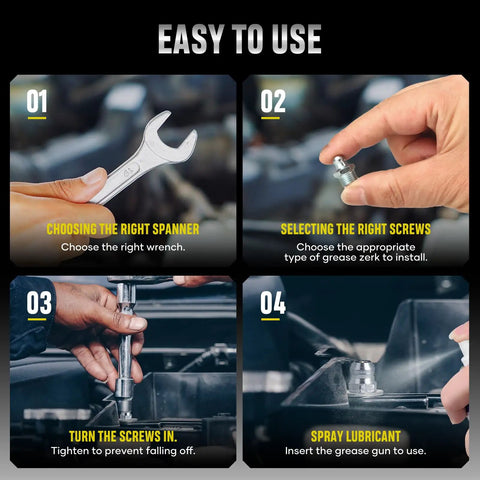 Steps for using Grease Fittings Kit 110 Piece SAE Zerk Fittings Assortment with wrench and installation process