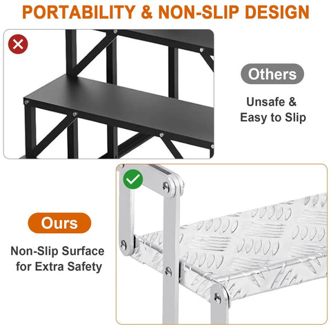 Aluminum RV Step Ladder With 4 Steps, 18-Inch Wide Outdoor Camper Stairs, Anti-Slip Surface, Portable Travel Trailer Stair Access, Durable Silver Finish, Lightweight And Built Tough For Real Outdoor Use, Corrosion-Resistant Build For Easy Storage showing non-slip step surface