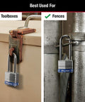 Keyed-Alike Outdoor Padlocks With Keys, Extra Long Shackle For Gate, Fence, Shed And Equipment, Durable Laminated Steel Body With Hardened Shackle, 3 Pack securing a toolbox and fence