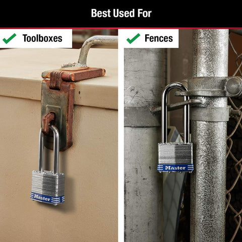 Keyed-Alike Outdoor Padlocks With Keys, Extra Long Shackle For Gate, Fence, Shed And Equipment, Durable Laminated Steel Body With Hardened Shackle, 3 Pack securing a toolbox and fence