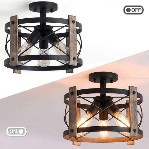 Matte Black 13 Inch Flush Mount Light Fixture With Rustic Farmhouse Vibe 3 Light Ceiling Fixture for Living Room Kitchen Bedroom Dining Room Foyer Hallway, with Edison bulbs illuminated, showcasing hand-painted wood and metal frame.