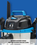 Six Gallon Stainless Steel Wet and Dry Shop Vacuum With 3 Peak HP Motor Onboard Accessory Storage Detail