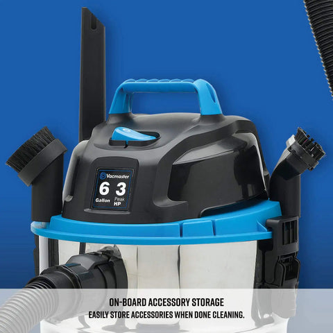 Six Gallon Stainless Steel Wet and Dry Shop Vacuum With 3 Peak HP Motor Onboard Accessory Storage Detail