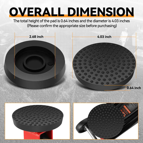 Floor Jack Rubber Pad 2 Pack Universal 4 Ton Pad Adapter With Pinch Weld Side Rail Protector showing dimensions and texture.