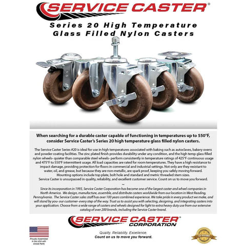 Service Caster high-temperature swivel caster set of 4 with brakes, 4-in glass-filled nylon wheels, 350 lb capacity per caster