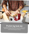 Pocket Hole Jig For Woodworking With Quick Clamp And Drilling Locator Guide Rail on a carpentry workshop table